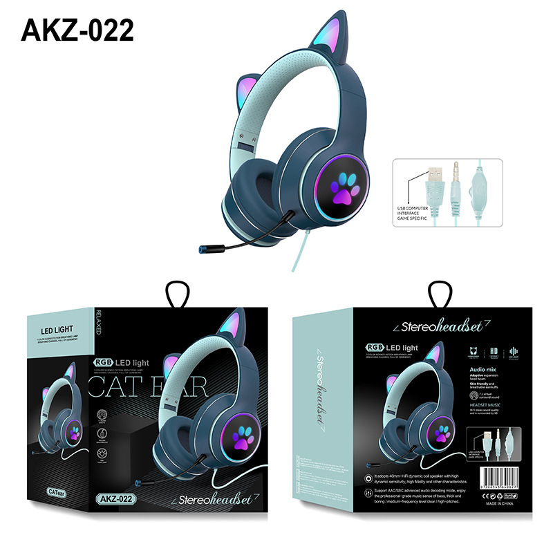 AKZ-022 Žične slušalice za računalo s cat-ear dizajnom, over-ear, sklapanje, s mikrofonom i svjetlima