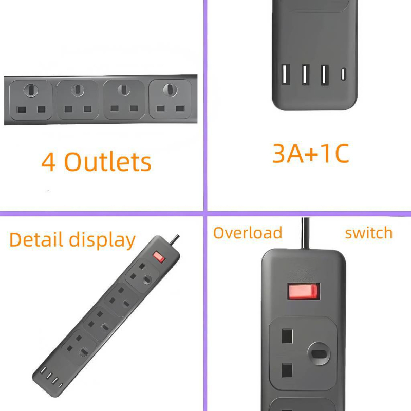 Britanski standard inteligentni produžni kabel s brzim punjenjem, 3 USB porta i 1 Type-C PD
