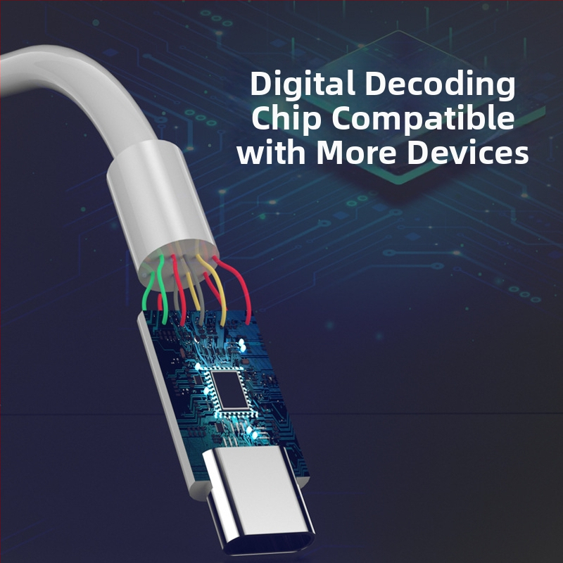 Drôtové slúchadlá s Type-C konektorom, digitálny dekódovací čip, vstavaný mikrofón, potlačenie šumu, dizajn pol-in-ear, kábel 1,2 m