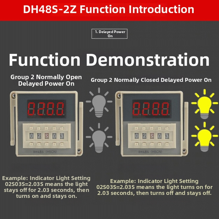 DH48S-S časové relé, cyklický časovač, 1Z/2Z, digitálny displej, oneskorenie, 12V/24V/220V
