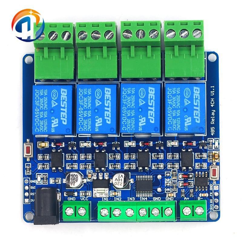 Modbus RTU 4-csatornás relé kimenet, 12V, 4 digitális bemenet, RS-485 kommunikáció, TTL csatlakozófej