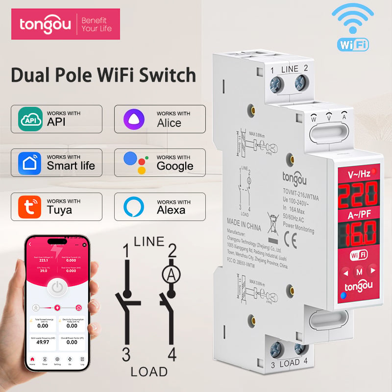 Tongou Tuya WiFi inteligentni prekidač zaštite od prenaponske i podnaponske, ručno/automatsko ponovno uključivanje, L+N/N+N, dvopolni rele