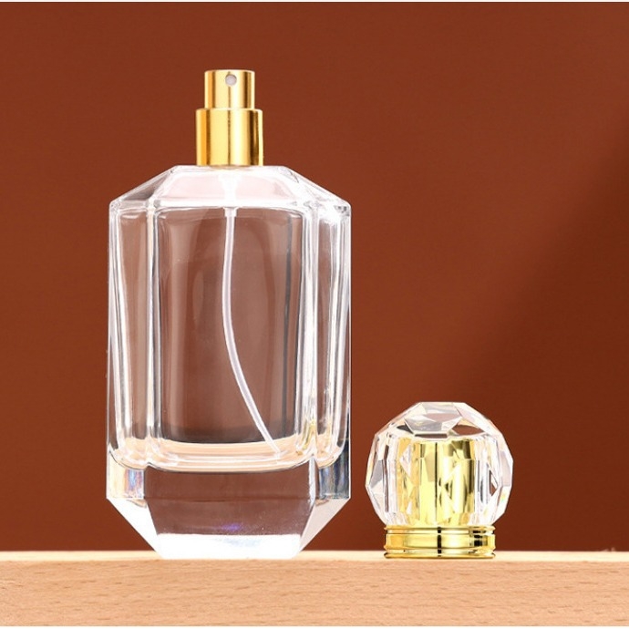 100 ml átlátszó üvegű permetezőflakon kupakkal és pumpával, kozmetikumokhoz (tonik/krém)