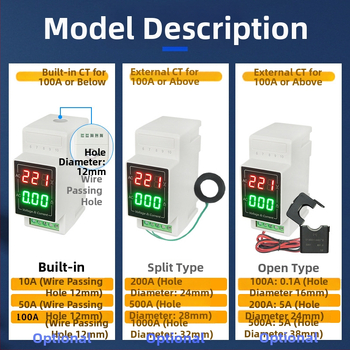 LED digitálny voltmeter a ampérmeter na DIN lištu, rozsah 60–500 V, meranie AC 220 V