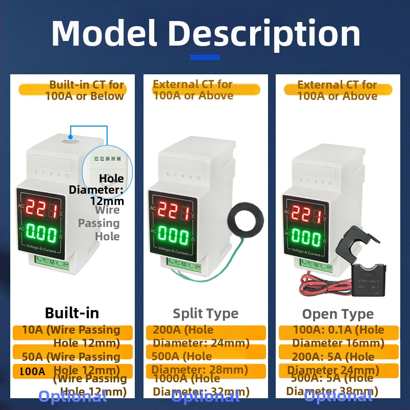 LED digitálny voltmeter a ampérmeter na DIN lištu, rozsah 60–500 V, meranie AC 220 V