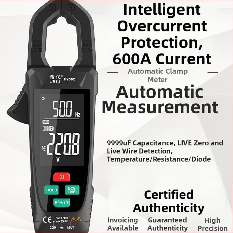 Fuyi FY382 Veľká obrazovka, inteligentný klešťový ampermeter, digitálny klip‑multimeter, vysoká presnosť merania prúdu AC/DC