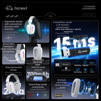 Free Wolf V10 Bezdrôtové herné slúchadlá so Bluetoothom, 2.4G a tri režimy káblového pripojenia, ľahké s mikrofónom