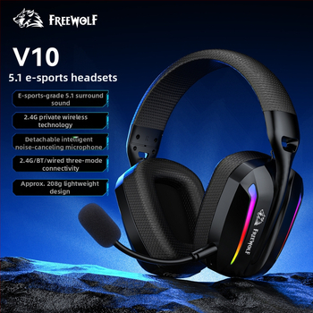 Free Wolf V10 Bezdrôtové herné slúchadlá so Bluetoothom, 2.4G a tri režimy káblového pripojenia, ľahké s mikrofónom