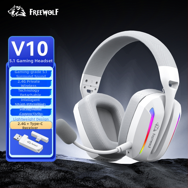 Free Wolf V10 Bezdrôtové herné slúchadlá so Bluetoothom, 2.4G a tri režimy káblového pripojenia, ľahké s mikrofónom