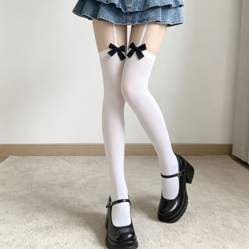 Japanski stil dugačke čarape do bedra s Lolita garterom, bijele, 50D, Y2K inspirirane