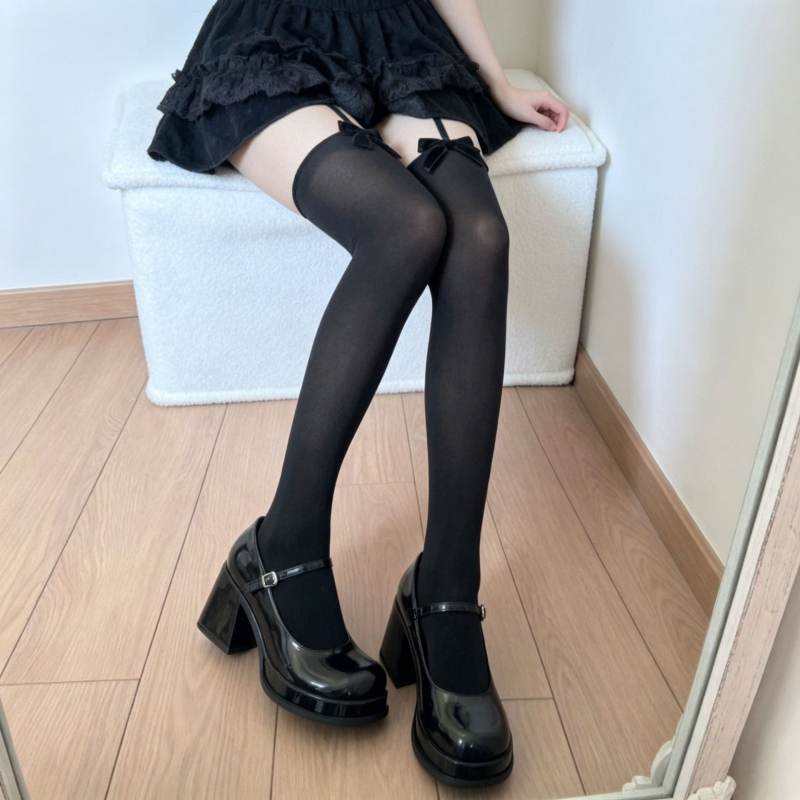 Japanski stil dugačke čarape do bedra s Lolita garterom, bijele, 50D, Y2K inspirirane