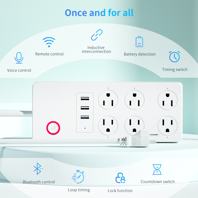 WiFi-s intelligens hosszabbító időzítő kapcsolóval és USB-portokkal, amerikai szabvány szerint