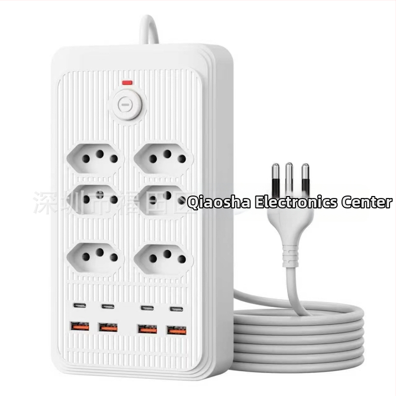 Brazilský rozbočovač s viacerými zásuvkami a USB portmi, dlhý kábel, zásuvka podľa brazílského štandardu pre domáce a kancelárske použitie