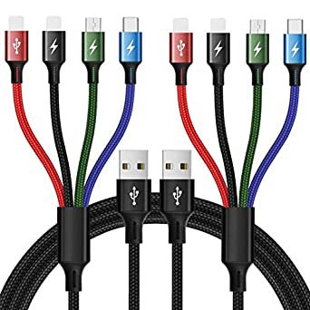 WINREL 4-u-1 pleteni kabel za punjenje s dvostrukim USB-C i Micro USB konektorima, brzo punjenje 18W, duljina 1–2 m, aluminijska legura, crna, prilagodba loga