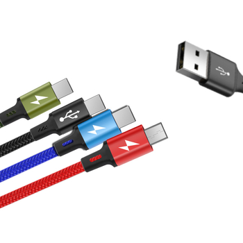 WINREL 4-u-1 pleteni kabel za punjenje s dvostrukim USB-C i Micro USB konektorima, brzo punjenje 18W, duljina 1–2 m, aluminijska legura, crna, prilagodba loga