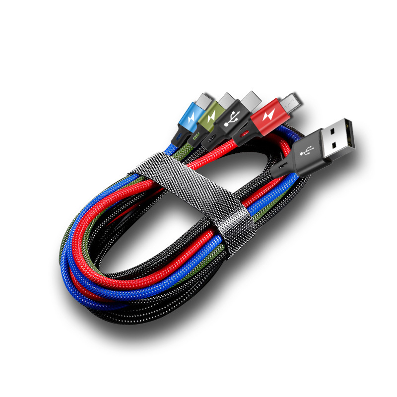 WINREL 4-u-1 pleteni kabel za punjenje s dvostrukim USB-C i Micro USB konektorima, brzo punjenje 18W, duljina 1–2 m, aluminijska legura, crna, prilagodba loga