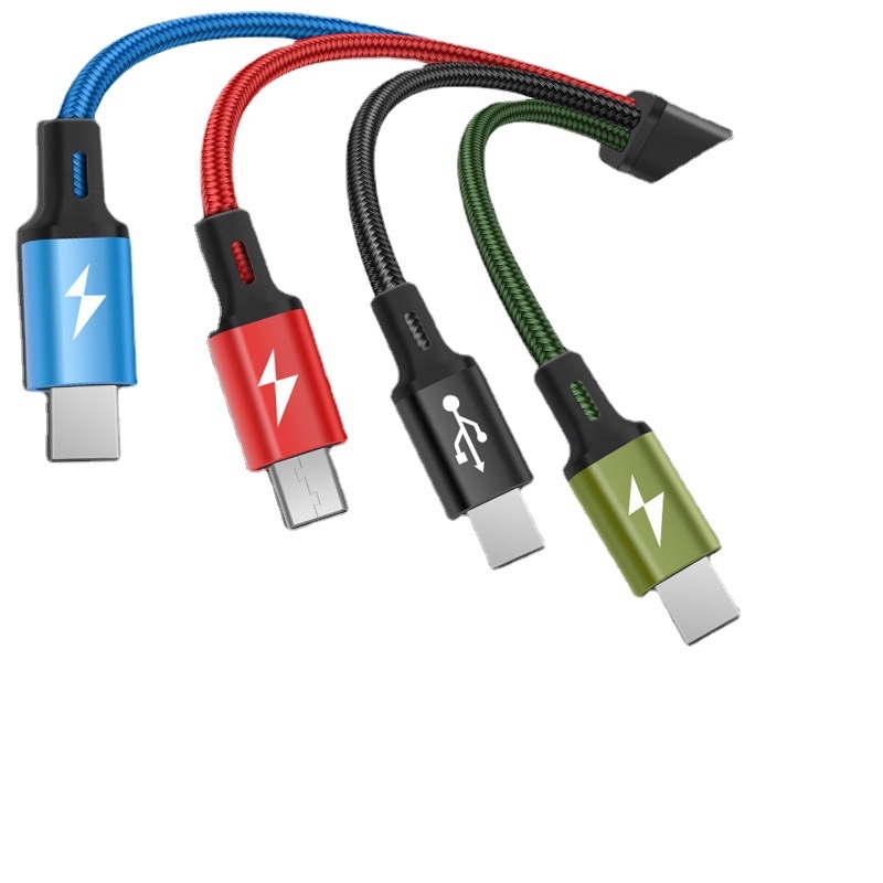 WINREL 4-u-1 pleteni kabel za punjenje s dvostrukim USB-C i Micro USB konektorima, brzo punjenje 18W, duljina 1–2 m, aluminijska legura, crna, prilagodba loga