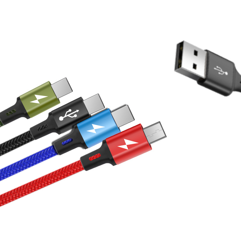 WINREL 4-u-1 pleteni kabel za punjenje s dvostrukim USB-C i Micro USB konektorima, brzo punjenje 18W, duljina 1–2 m, aluminijska legura, crna, prilagodba loga