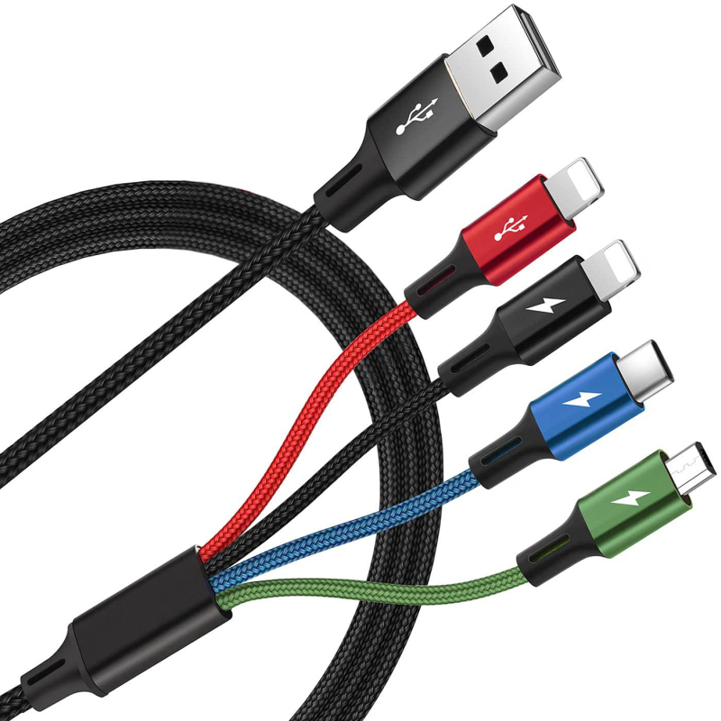 WINREL 4-u-1 pleteni kabel za punjenje s dvostrukim USB-C i Micro USB konektorima, brzo punjenje 18W, duljina 1–2 m, aluminijska legura, crna, prilagodba loga