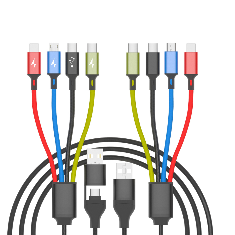 WINREL 4-u-1 pleteni kabel za punjenje s dvostrukim USB-C i Micro USB konektorima, brzo punjenje 18W, duljina 1–2 m, aluminijska legura, crna, prilagodba loga