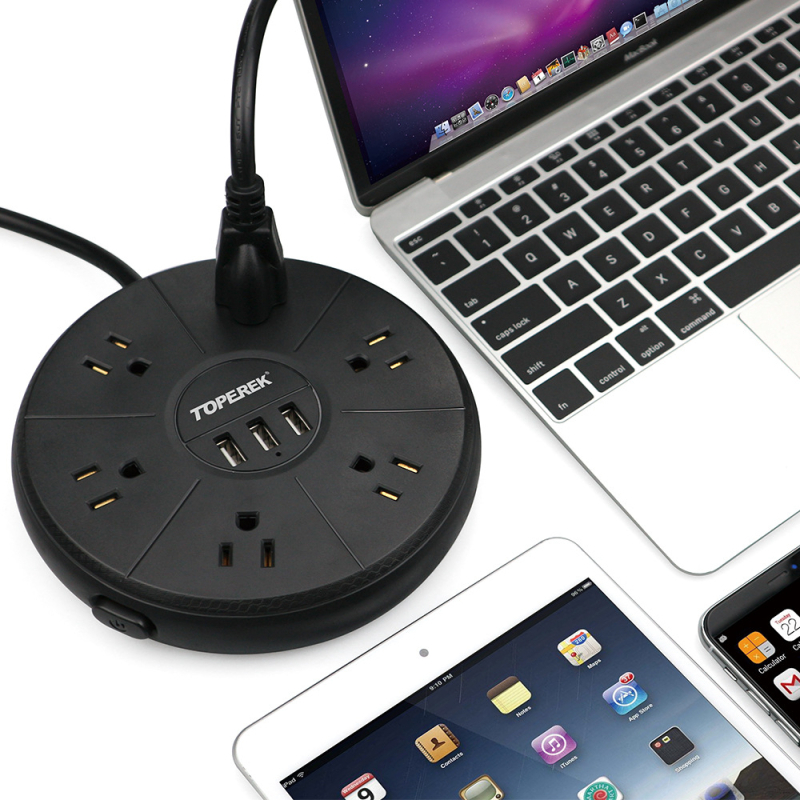 Okrugla USB utičnica po američkom standardu, ravna ploča, pametni produžni blok s 6 utičnicama i 3 USB priključcima za dom i ured