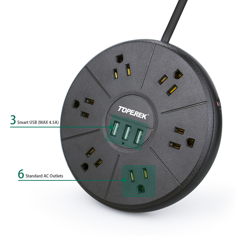 Okrugla USB utičnica po američkom standardu, ravna ploča, pametni produžni blok s 6 utičnicama i 3 USB priključcima za dom i ured