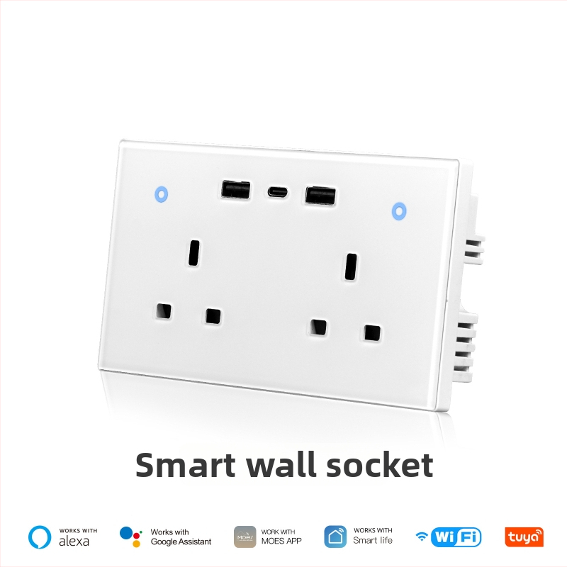 Graffiti WiFi Inteligentná zásuvka na stenu s meraním energie, UK štandard, 2 USB porty a Type-C