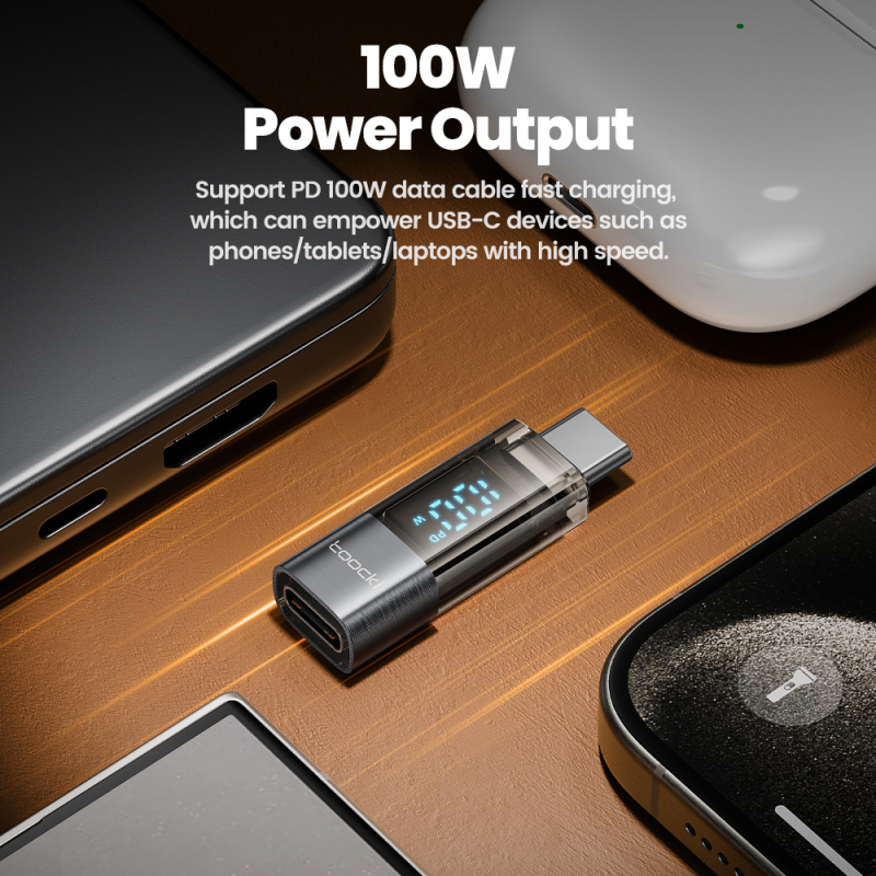 Toocki 100W prozirni USB-C adapter s digitalnim displejem, USB-C muški na USB-C ženski, 20W brzo punjenje