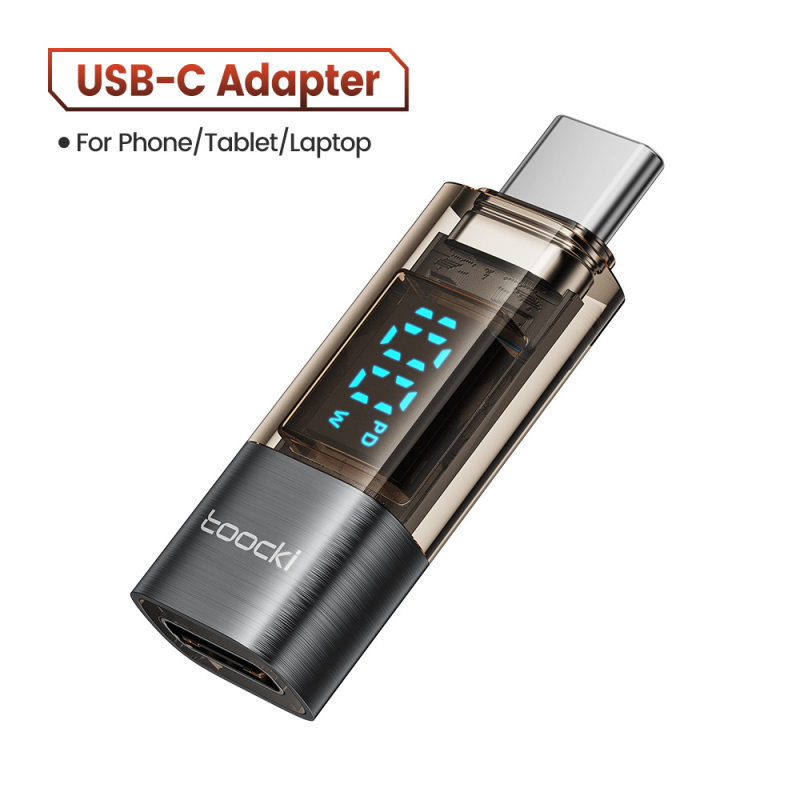 Toocki 100W prozirni USB-C adapter s digitalnim displejem, USB-C muški na USB-C ženski, 20W brzo punjenje