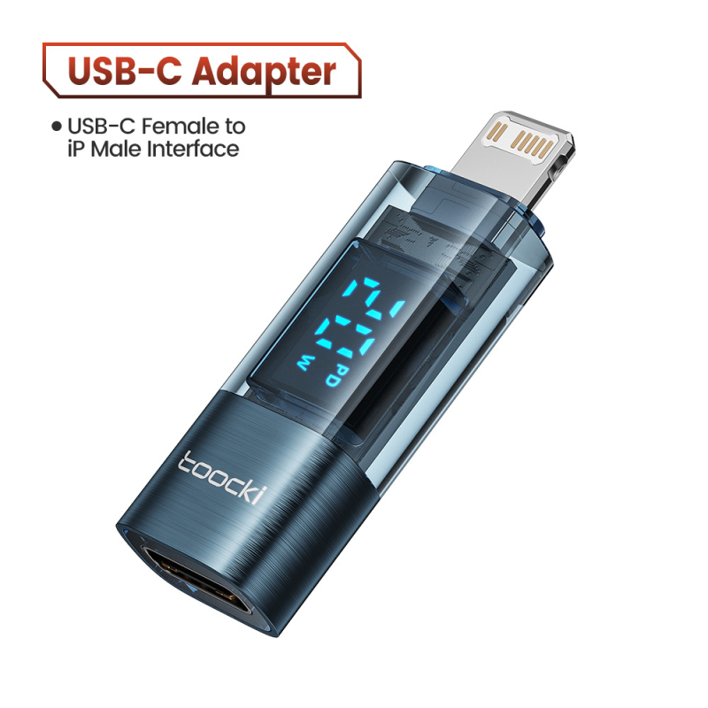 Toocki 100W prozirni USB-C adapter s digitalnim displejem, USB-C muški na USB-C ženski, 20W brzo punjenje