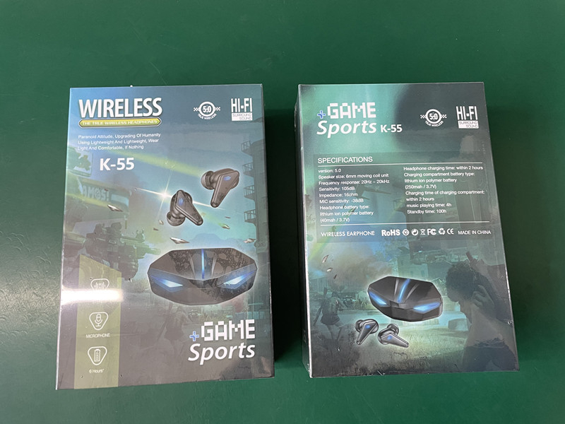 K55 privatni model bežične Bluetooth slušalice za igre, e-sport, jedno ili dvostruko uho, niska latencija, TWS, Bluetooth 5.0, IPX7, trajanje baterije 4–8 sati