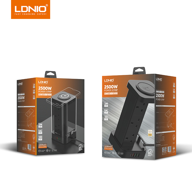 Stojeći toranjski produžni kabel s britanskim utičnicama, bežično punjenje, PD brzo punjenje, 4 USB porta