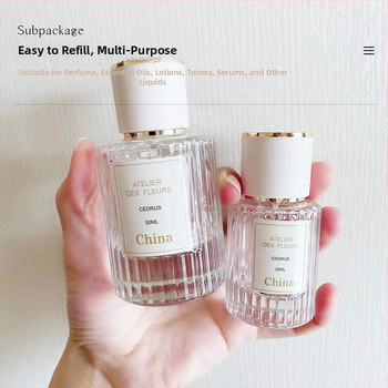 Függőleges csíkos, hengeres parfümös üveg, átlátszó üveg, kapacitás 30/50/100 ml, 15 menetű permetezőfej