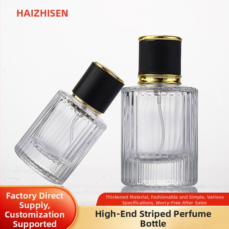 Függőleges csíkos, hengeres parfümös üveg, átlátszó üveg, kapacitás 30/50/100 ml, 15 menetű permetezőfej