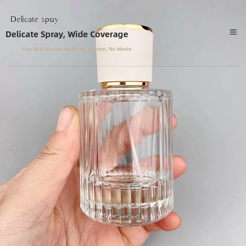 Függőleges csíkos, hengeres parfümös üveg, átlátszó üveg, kapacitás 30/50/100 ml, 15 menetű permetezőfej