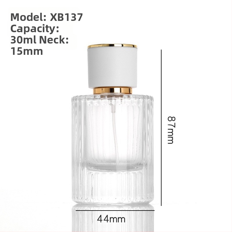 Függőleges csíkos, hengeres parfümös üveg, átlátszó üveg, kapacitás 30/50/100 ml, 15 menetű permetezőfej