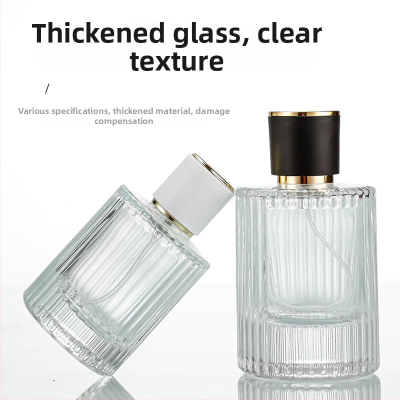 Függőleges csíkos, hengeres parfümös üveg, átlátszó üveg, kapacitás 30/50/100 ml, 15 menetű permetezőfej