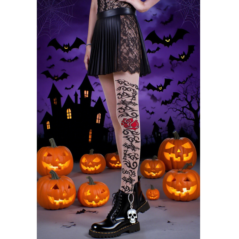 Halloween tajice za scenski kostim, otisak crvenih ruža i krvave mrlje