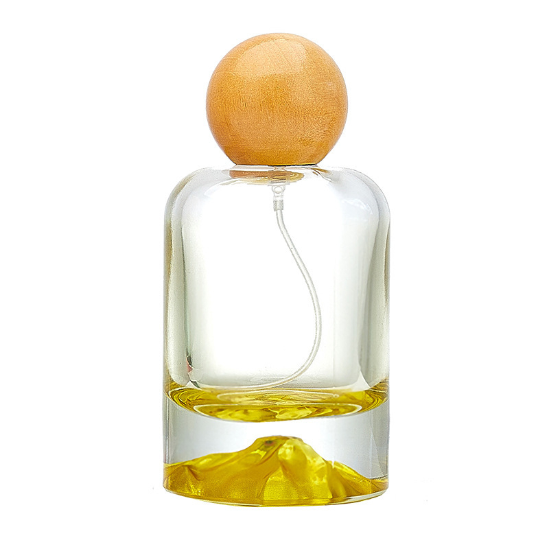 Vulkán-alapú hengeres parfümös üveg, 30 ml, átlátszó, színes díszítéssel, permetező fej