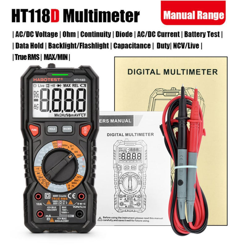 Habotest HT118D digitális multiméter kapacitásmérővel, többfunkciós villamossági karbantartó eszköz, égésgátló verzió Afrika számára
