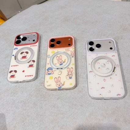 Carcasă pentru seria Apple 17 cu suport desen animat, textură asemănătoare pielii, stil fresh de desene animate, atașament magnetic rotativ de 360°