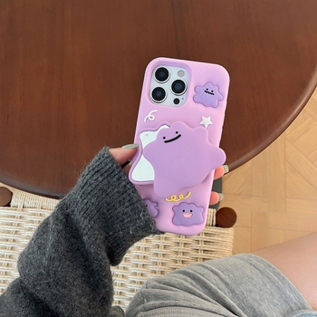 Maska za iPhone s rotirajućim ogledalom, karikatura dizajn, reljefni silikon, otpornost na pad, ljubičasta, kompatibilna s modelima iPhone 13/14/15/16 i Pro Max