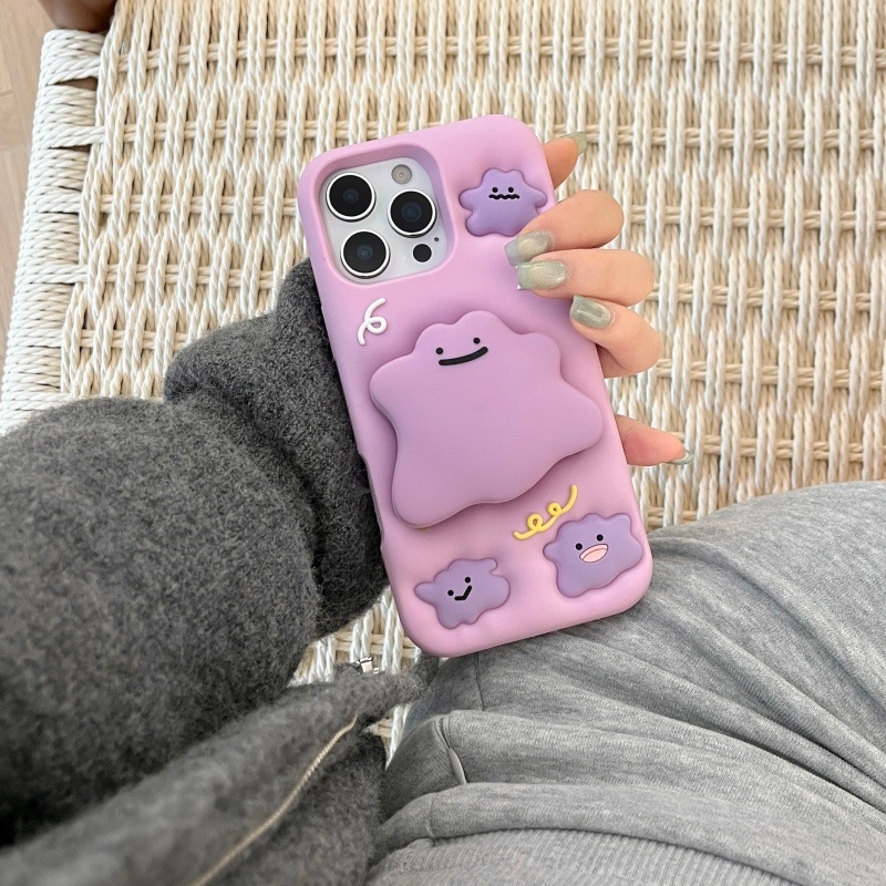 Maska za iPhone s rotirajućim ogledalom, karikatura dizajn, reljefni silikon, otpornost na pad, ljubičasta, kompatibilna s modelima iPhone 13/14/15/16 i Pro Max