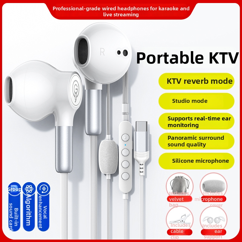 Type-C slušalice s polu-in-ear dizajnom, žične, s ugrađenom zvučnom kartom i karaoke reverbom za Apple, Huawei i Android telefone