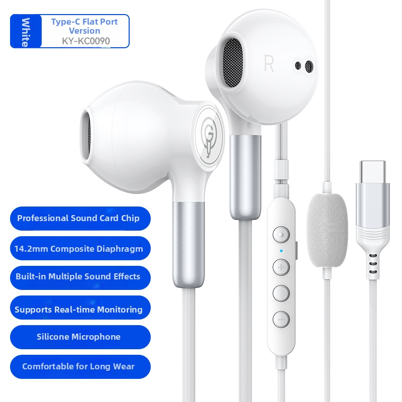 Type-C slušalice s polu-in-ear dizajnom, žične, s ugrađenom zvučnom kartom i karaoke reverbom za Apple, Huawei i Android telefone