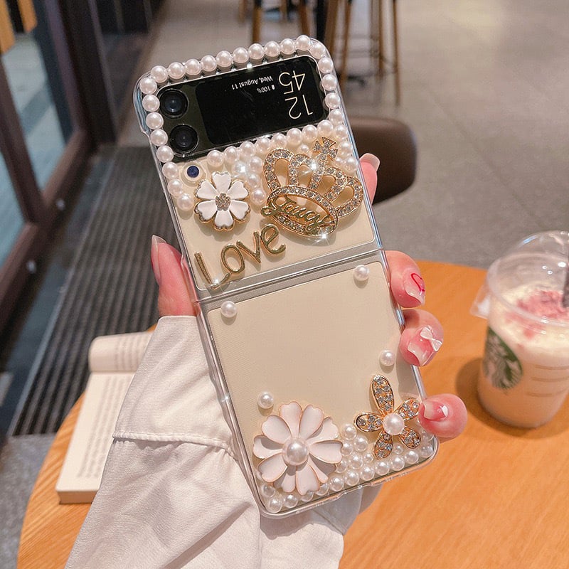 Prozirno tvrdo kućište za Samsung Galaxy Z Flip4 sa 3D kristalnim cvijetom i krunom laganog luksuza, stil inspiriran IG-om; kompatibilan sa Z Flip3.