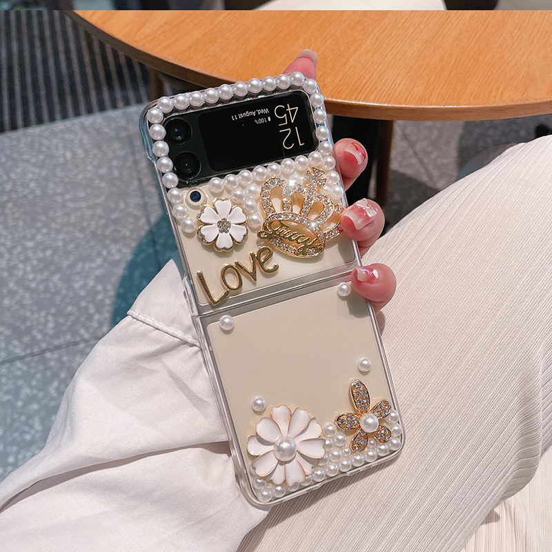 Prozirno tvrdo kućište za Samsung Galaxy Z Flip4 sa 3D kristalnim cvijetom i krunom laganog luksuza, stil inspiriran IG-om; kompatibilan sa Z Flip3.