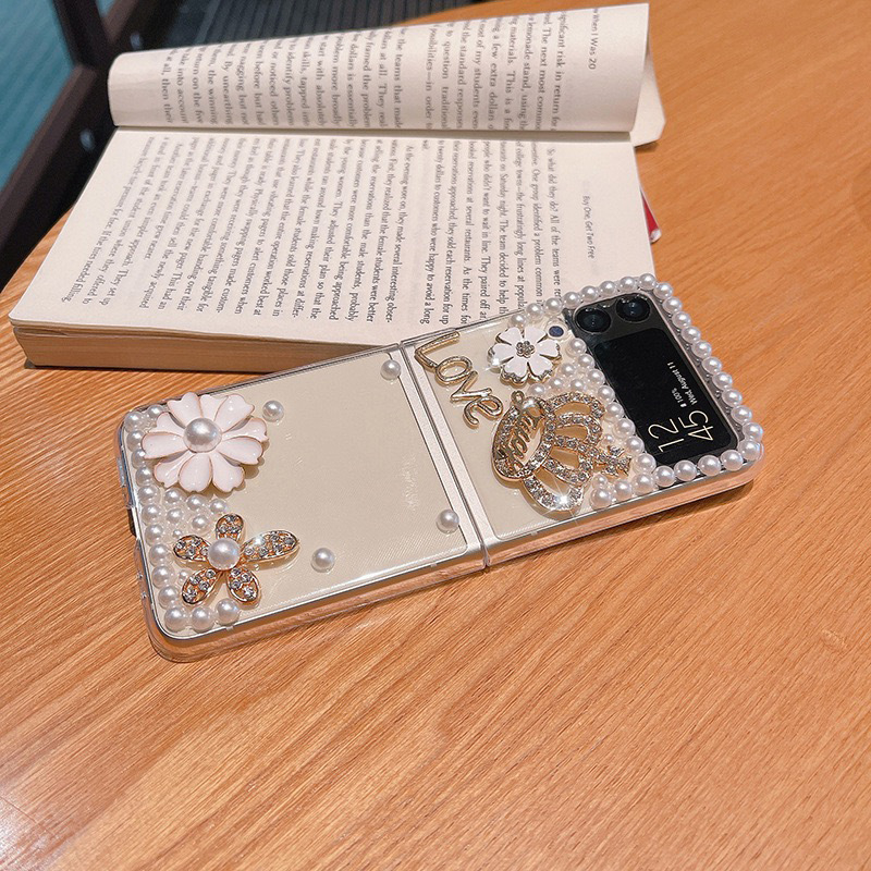 Prozirno tvrdo kućište za Samsung Galaxy Z Flip4 sa 3D kristalnim cvijetom i krunom laganog luksuza, stil inspiriran IG-om; kompatibilan sa Z Flip3.