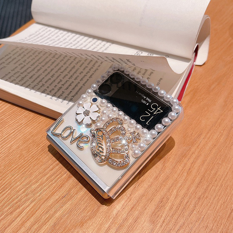 Prozirno tvrdo kućište za Samsung Galaxy Z Flip4 sa 3D kristalnim cvijetom i krunom laganog luksuza, stil inspiriran IG-om; kompatibilan sa Z Flip3.