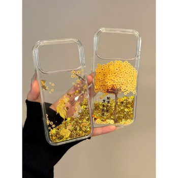 Husa de telefon iPhone cu foiță de aur, glitter lichid, copac norocos și motif floral cu caras auriu